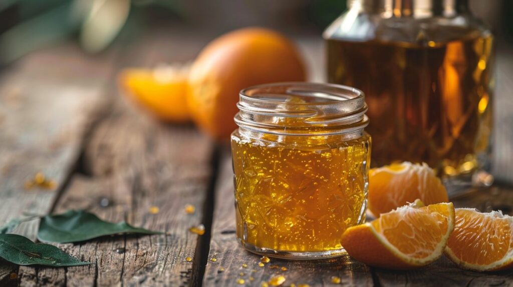 Orangenmarmelade mit Whisky in einem Glasgefäß, umgeben von frischen Orangen und einem Fläschchen Whisky
