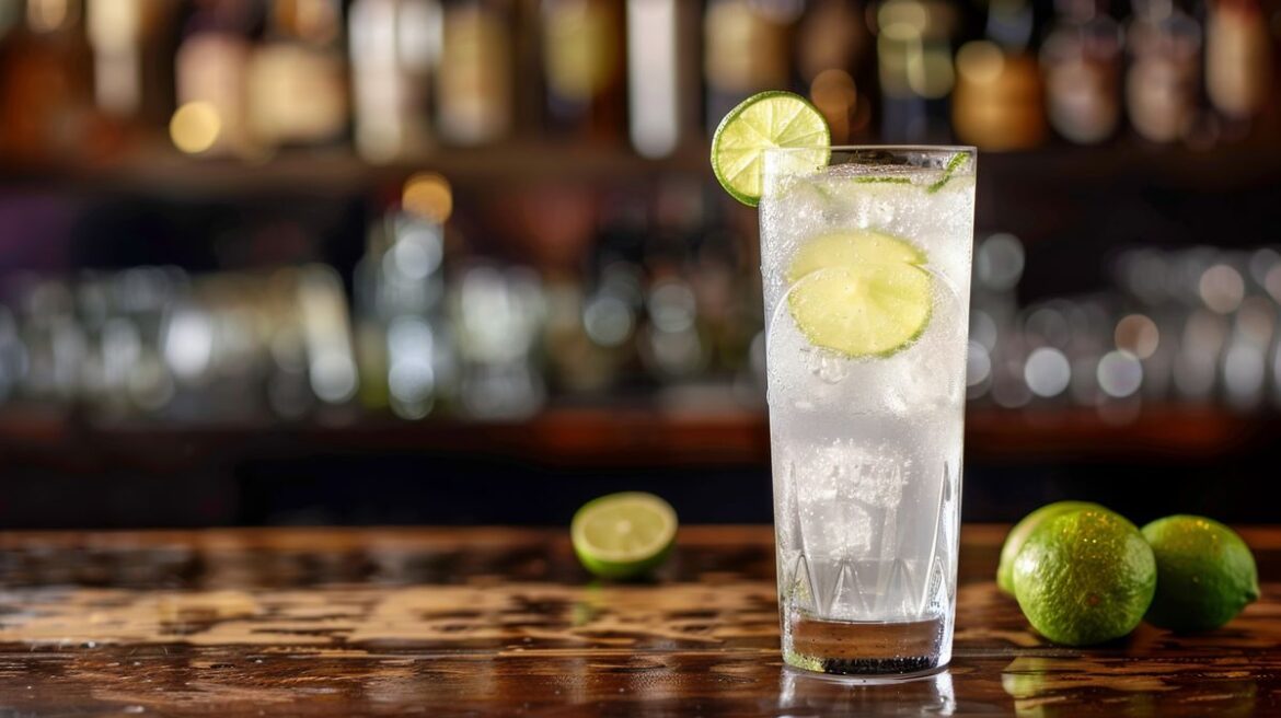 Gin Rickey Cocktail mit Limettenscheibe und Eiswürfeln in einem klassischen Glas