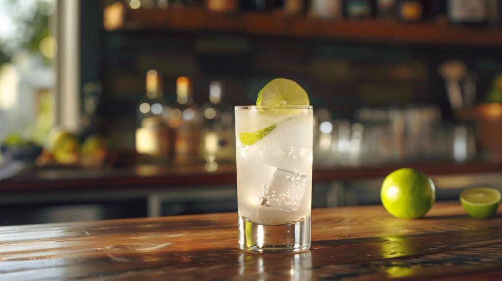 Gin Rickey Cocktail mit frischer Limette und Eiswürfeln auf eleganter Unterlage