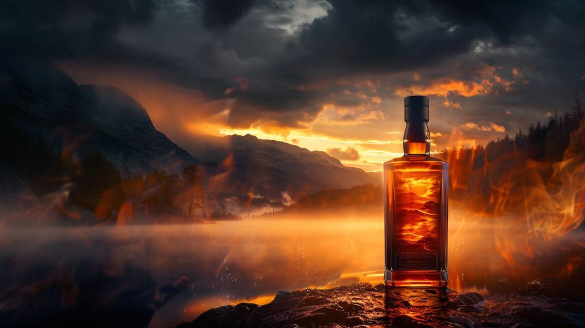 Rauchigster Whisky der Welt in einer klassischen Flasche auf rustikalem Holzhintergrund
