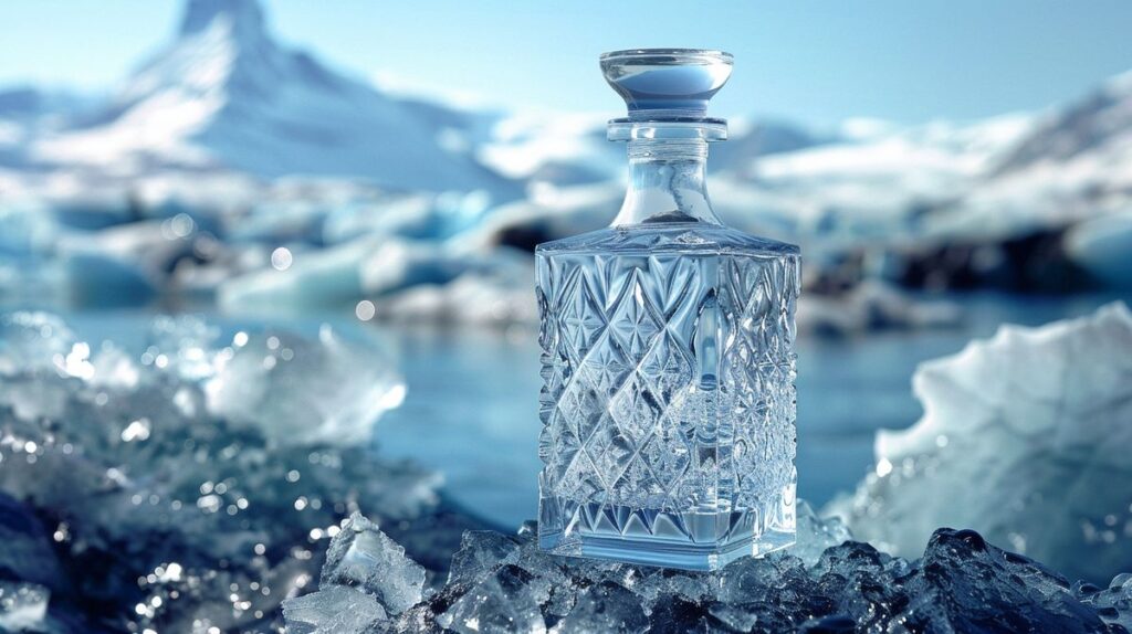 Flasche Glacier Gin umgeben von Eis und frischen Kräutern