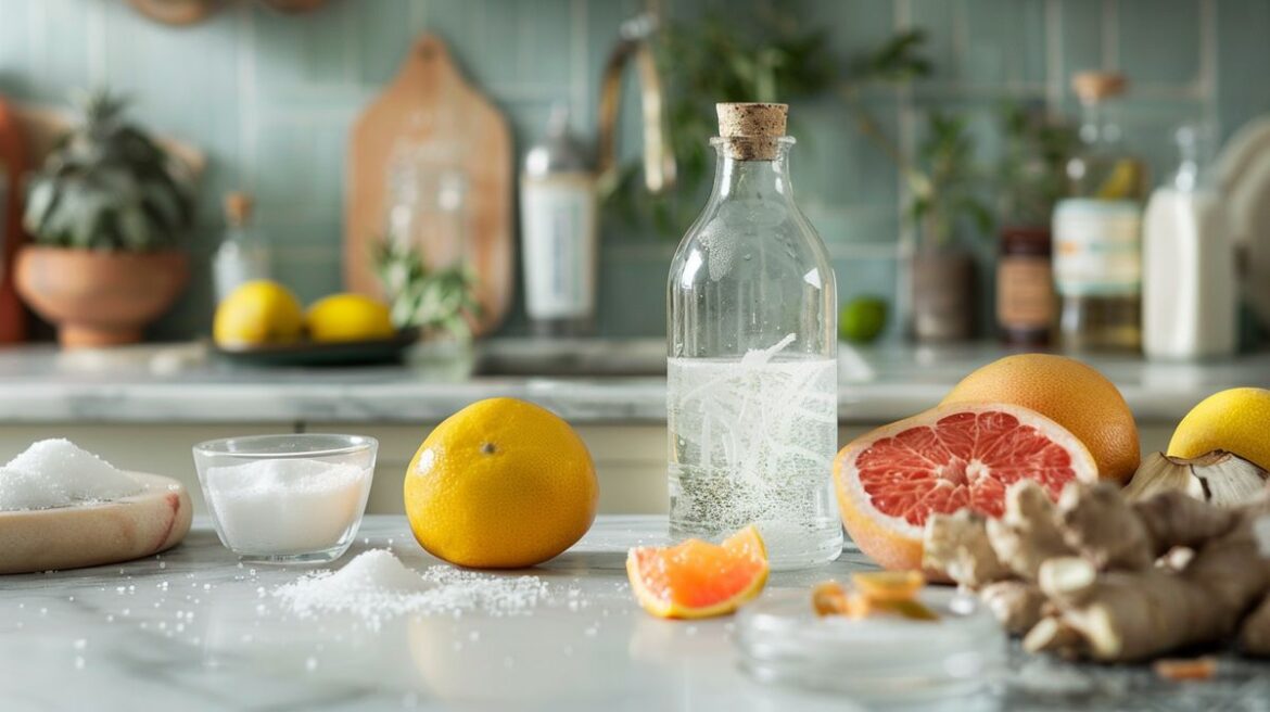 Anleitung und Zutaten zum Tonic Water selber machen auf einem Tisch arrangiert