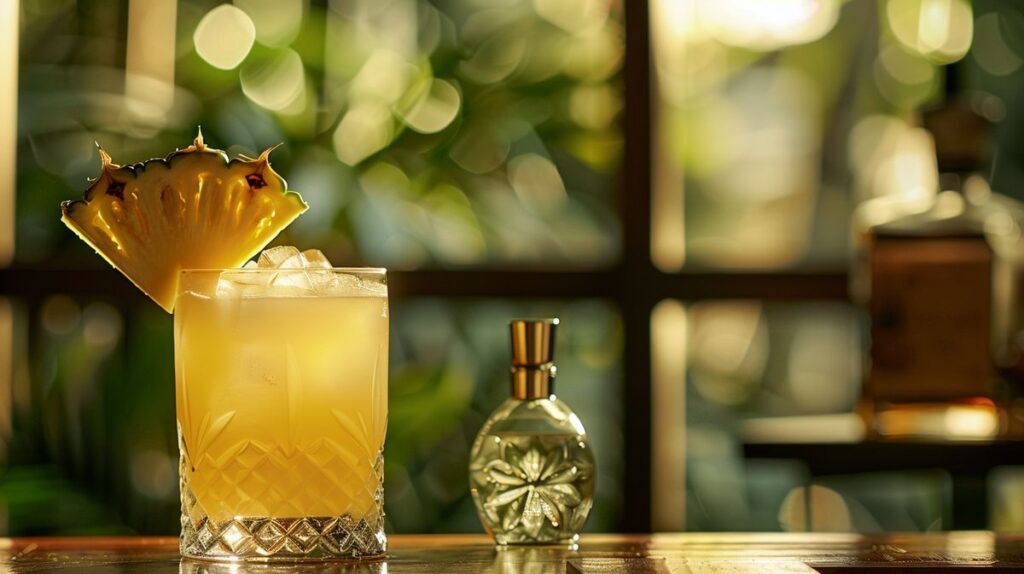 Gin mit Ananassaft in einem eleganten Glas garniert mit einer Ananasscheibe