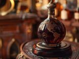 Flasche des meistverkauften Rums der Welt auf einem Holztisch mit stimmungsvoller Beleuchtung
