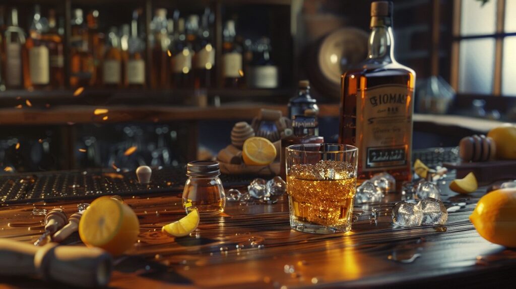 Verschiedene Getränke und Zutaten, mit denen man Whisky mischen kann, darunter Zitrusfrüchte und Kräuter
