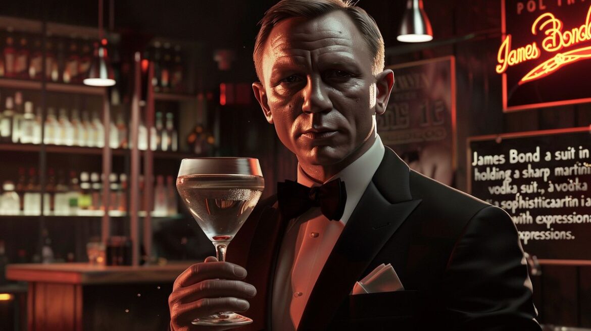 James Bond hält einen klassischen Vodka Martini, geschüttelt nicht gerührt, in eleganter Atmosphäre