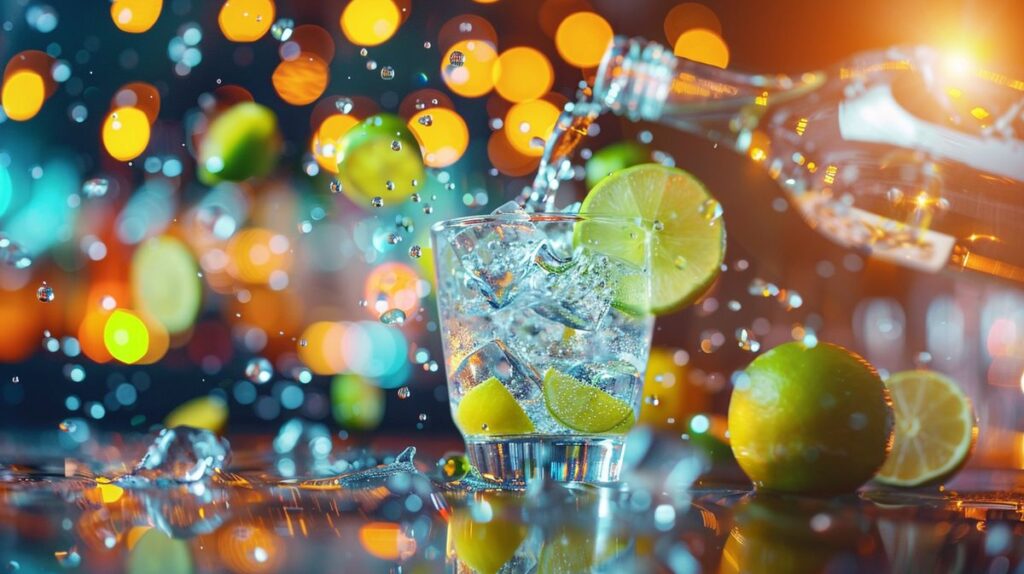 Gin mit Energy in einem stilvollen Glas, umgeben von frischen Zutaten und Eis