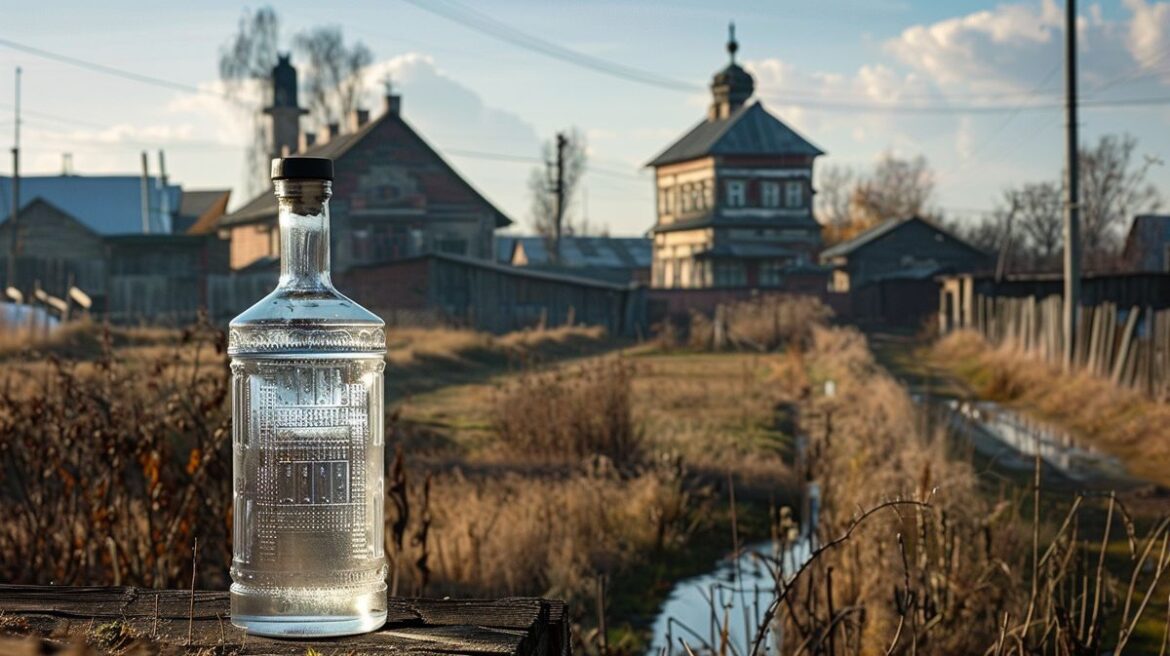 Flasche Tambovskaya Vodka auf einem Tisch, beleuchtet, um die Herkunft und Qualität zu betonen