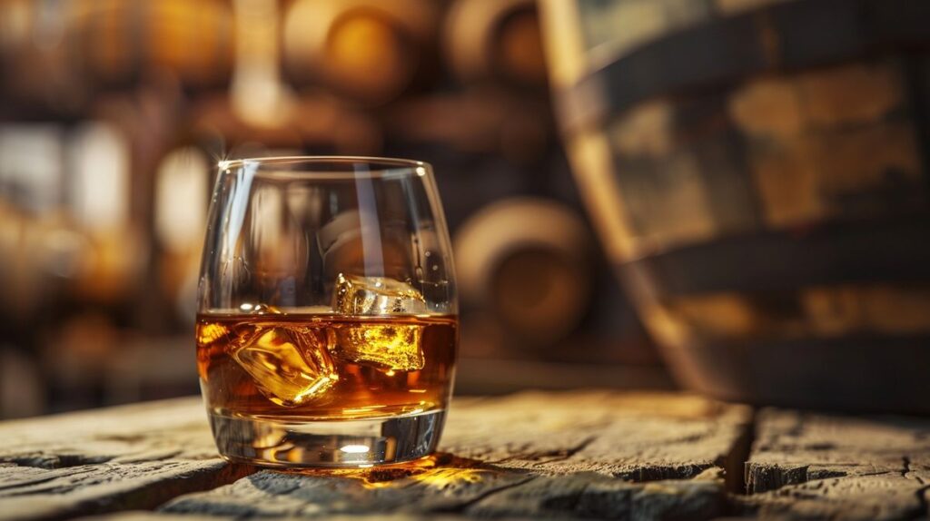Geschmack von Whisky in einem eleganten Glas, umgeben von Gerstenähren