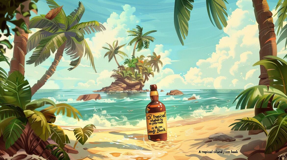 Flasche Monkey Island Rum auf Holztisch mit karibischem Strand im Hintergrund