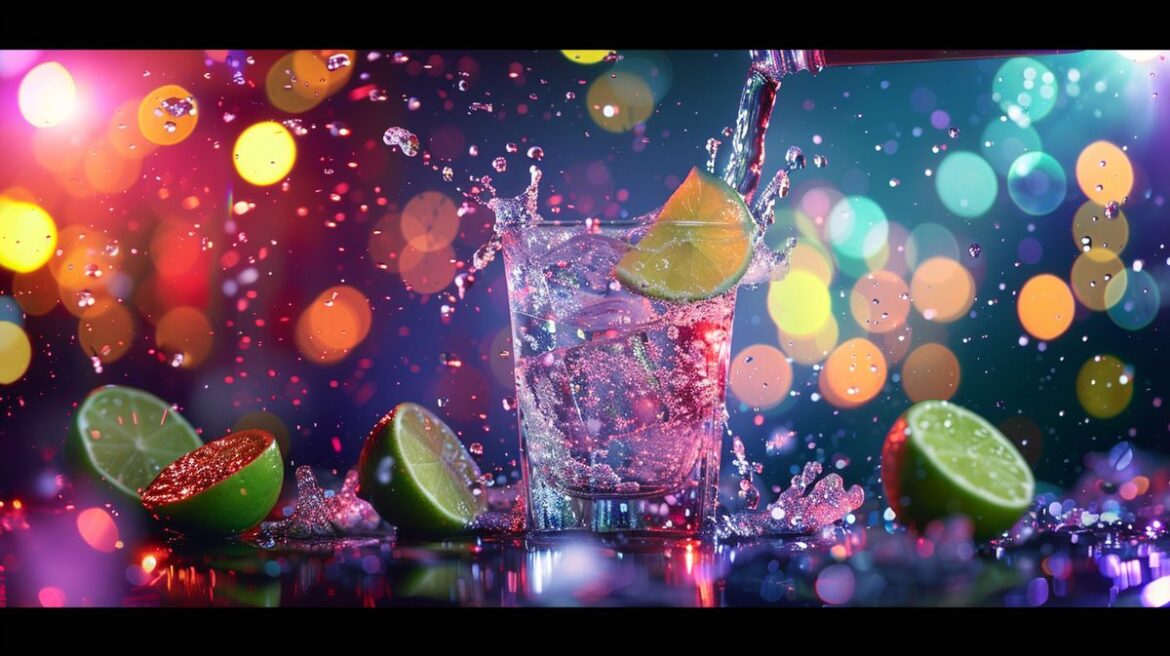 Gin mit Energy in einem stilvollen Glas auf einer beleuchteten Bar