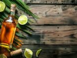 Flasche des besten kubanischen Rums auf einem Holztisch mit stimmungsvoller Beleuchtung