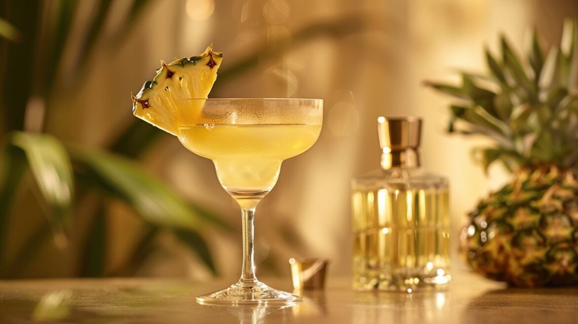 Gin mit Ananassaft in einem eleganten Glas garniert mit einer Ananasscheibe und Minzblättern