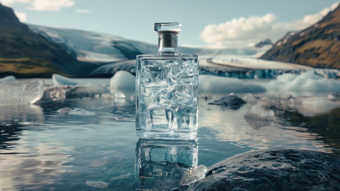Flasche Glacier Gin auf einem Holztisch mit eisigem Hintergrund