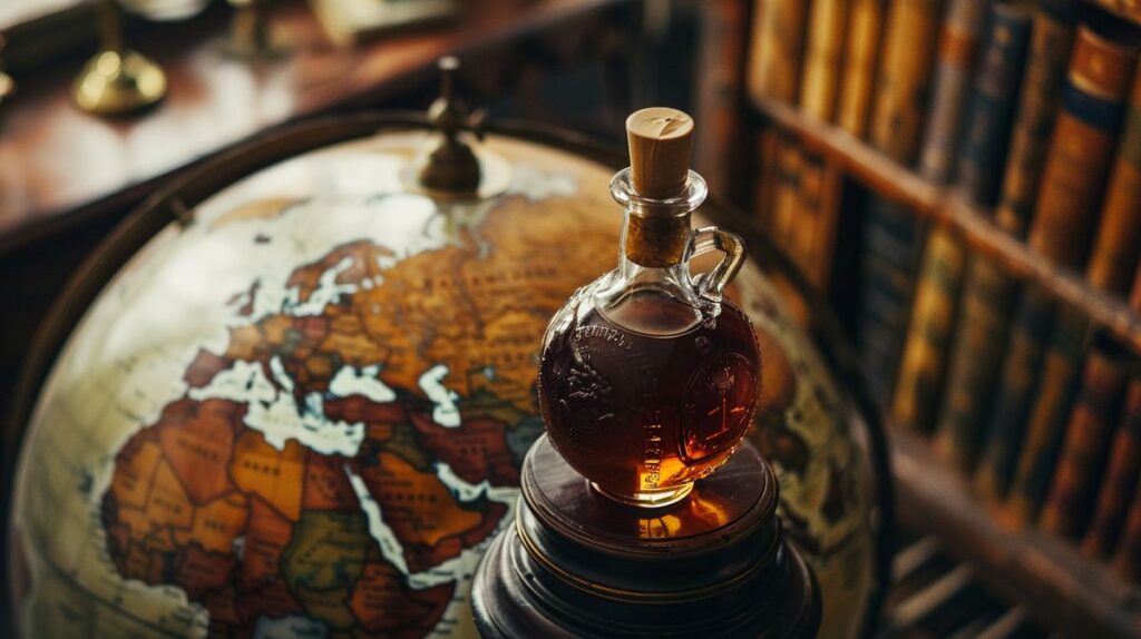 Flasche des meistverkauften Rums der Welt auf einem Holztisch mit tropischem Hintergrund