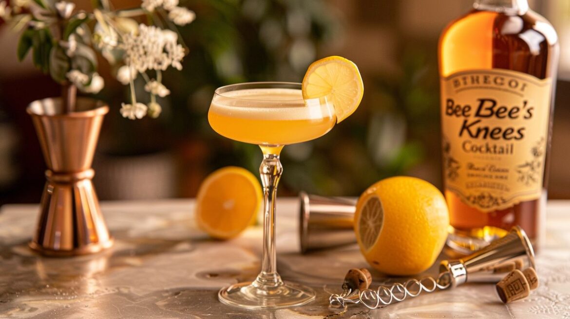 Bee's Knees Cocktail mit Zitronenscheibe und Honigdekor auf eleganter Bartheke