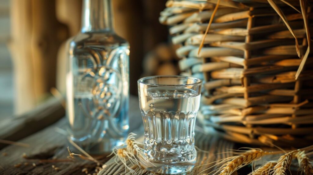 Flasche des besten Vodka aus der Ukraine auf einem Tisch mit stimmungsvoller Beleuchtung