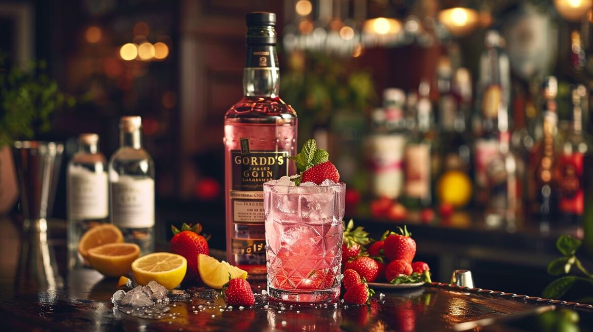 Gordon's Gin Pink mit verschiedenen Mixgetränken und frischen Beeren auf einem eleganten Serviertablett