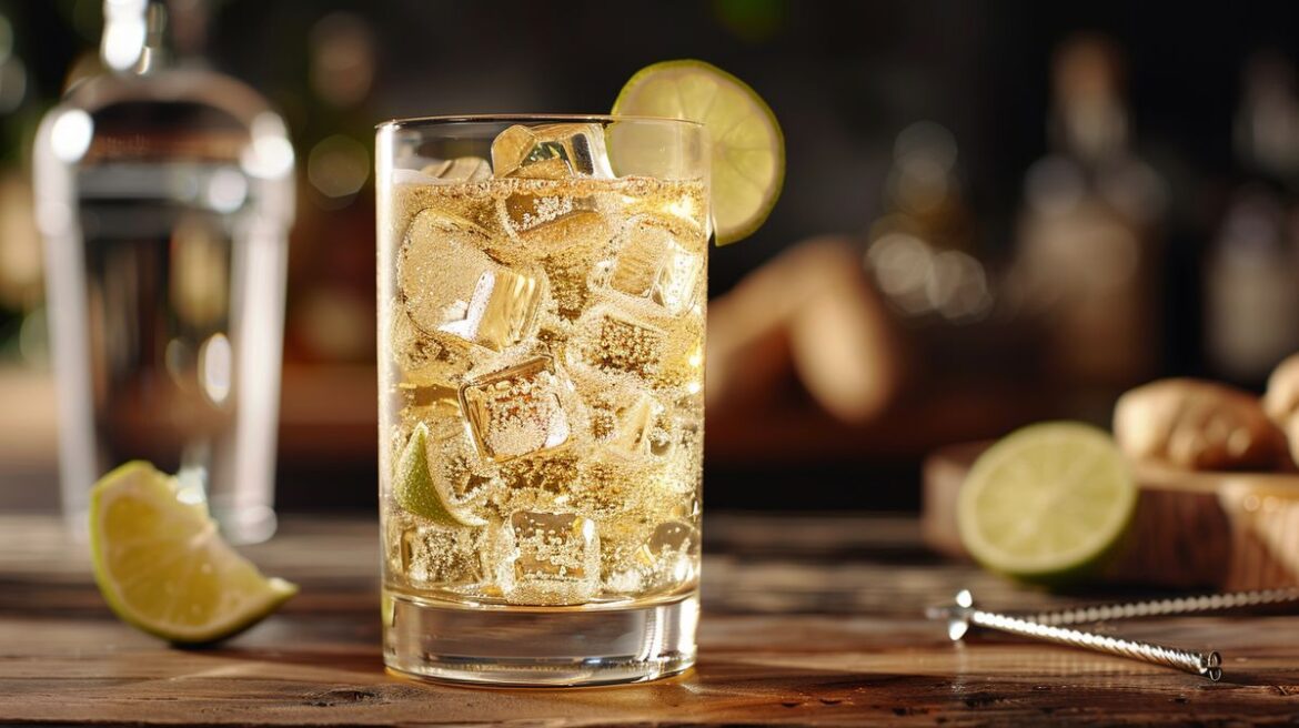 Vodka Ginger Ale Cocktail mit Limettenscheibe und Eiswürfeln in einem stilvollen Glas