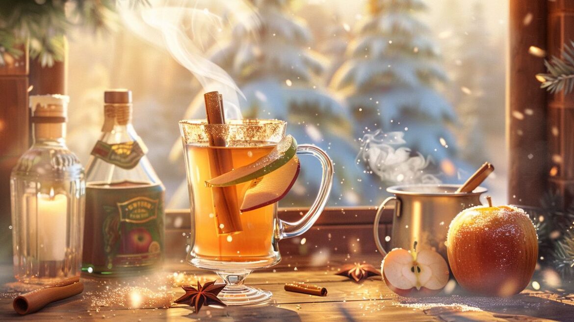 Glüh-Gin Rezept mit Apfelsaft und winterlichen Gewürzen in einer festlichen Tasse serviert