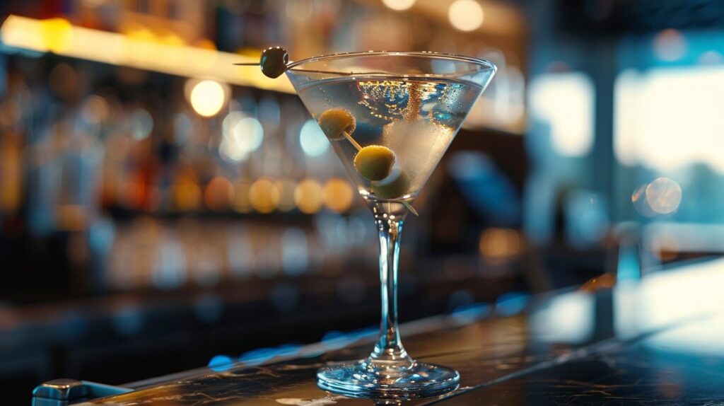 Cocktail mit Wermut und Wodka oder Gin in einem eleganten Glas garniert mit einer Zitronenschale