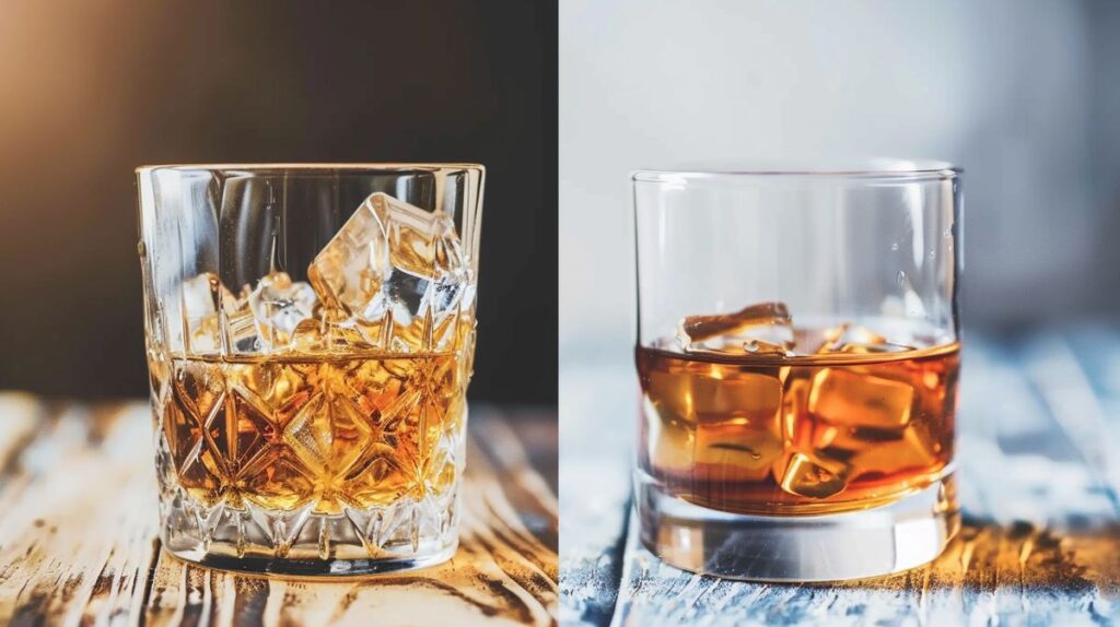 Comparative visual guide on Bourbon vs Whisky highlighting differences in production and taste