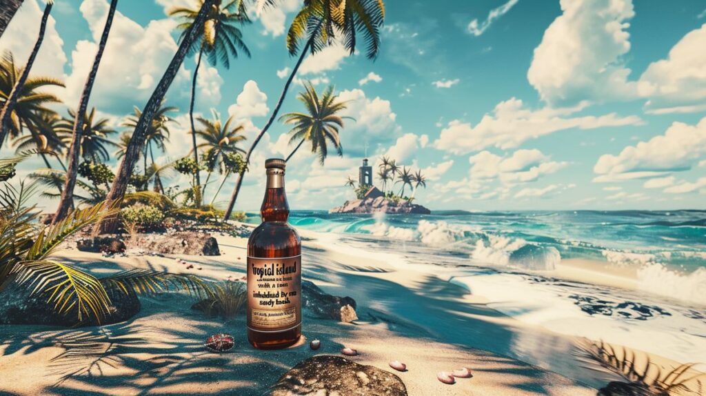 Flasche Monkey Island Rum umgeben von tropischen Früchten auf einem Holztisch