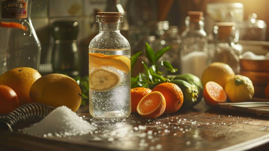 Anleitung zum Tonic Water selber machen mit Zitronen und Kräutern auf Holztisch