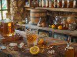 Verschiedene Getränke und Zutaten, mit denen man Whisky mischen kann, darunter Soda, Zitrone und Eis auf einem rustikalen Holztisch