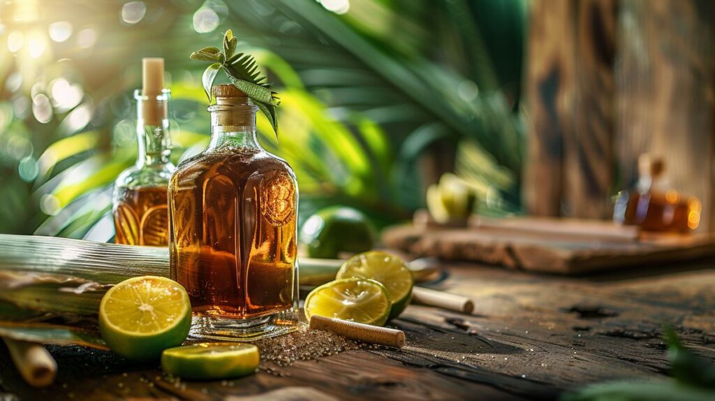 Flasche des besten kubanischen Rums auf einem Tisch mit stimmungsvoller Beleuchtung
