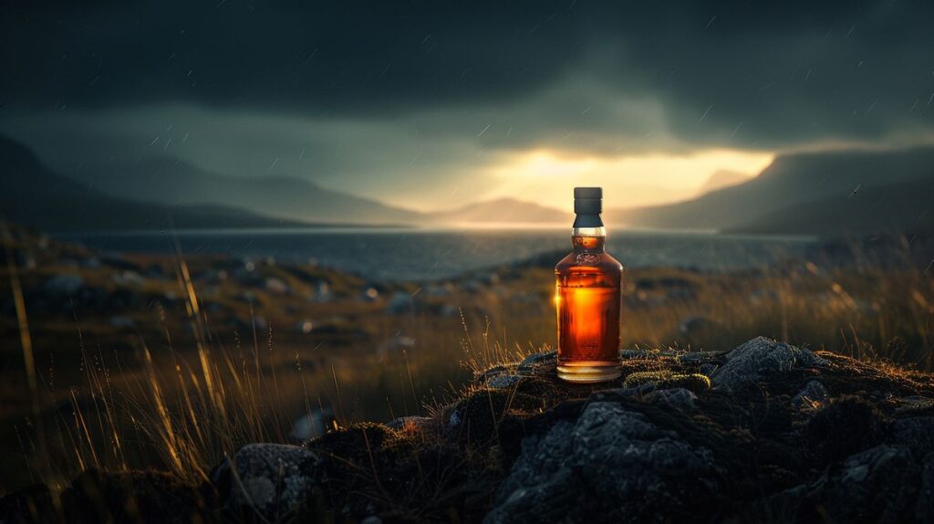 Flasche des rauchigsten Whiskys der Welt auf rustikalem Holztisch
