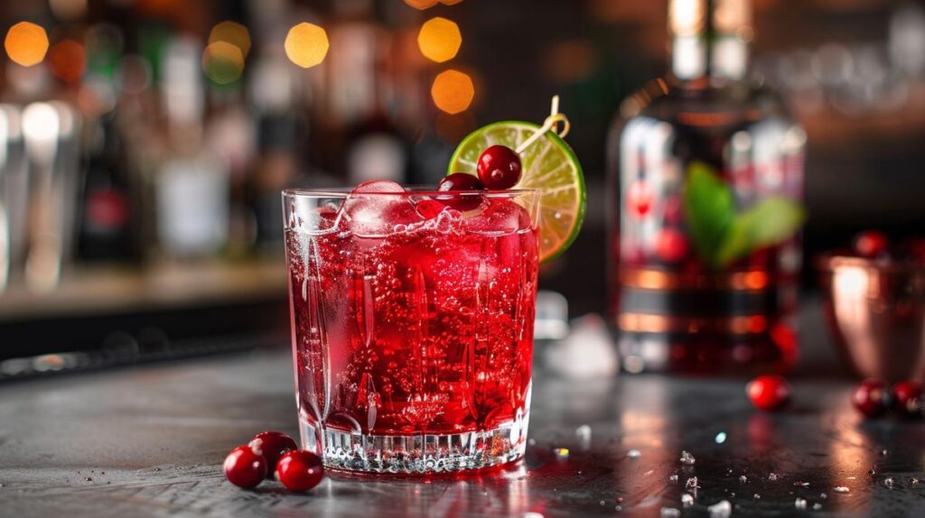 Vodka Cranberry Cocktail in einem eleganten Glas garniert mit Limettenscheibe und Minzblättern