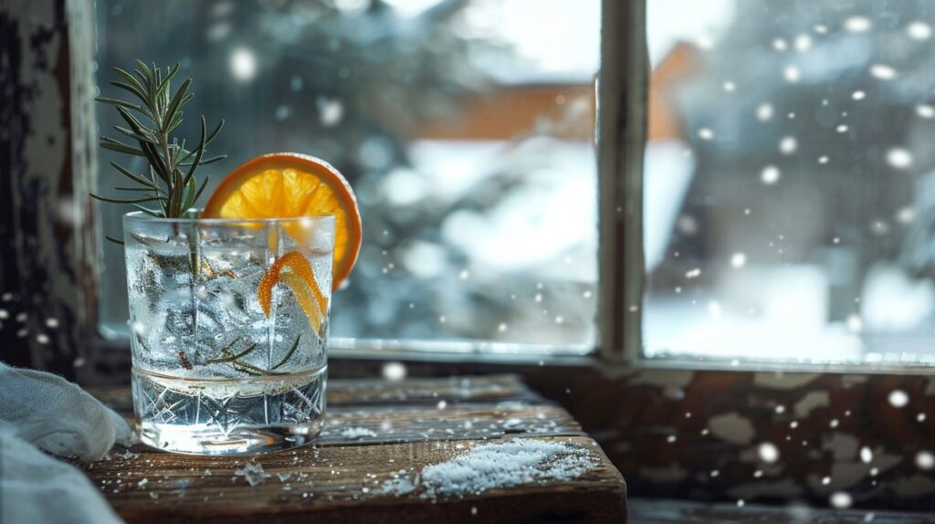 Winter Gin Rezept mit Zitrusfrüchten und Gewürzen auf rustikalem Holztisch