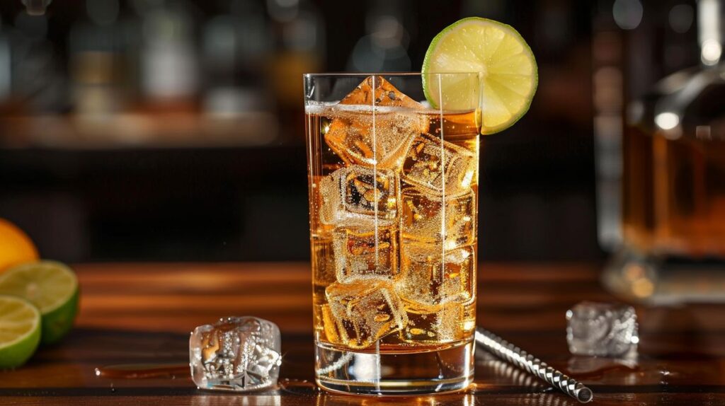 Cocktail aus Vodka Ginger Ale mit Limettenscheibe und Eiswürfeln auf einem Holztisch