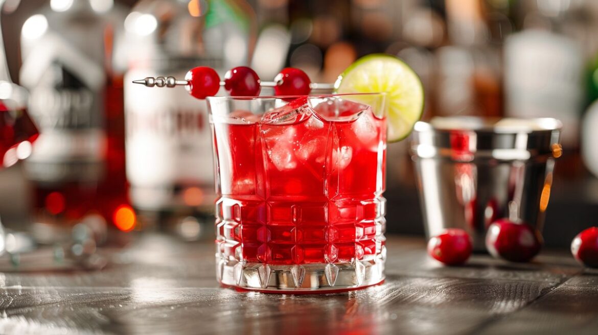 Frisch zubereiteter Vodka Cranberry Cocktail auf einem Tisch mit Zitronendekoration und stimmungsvoller Beleuchtung