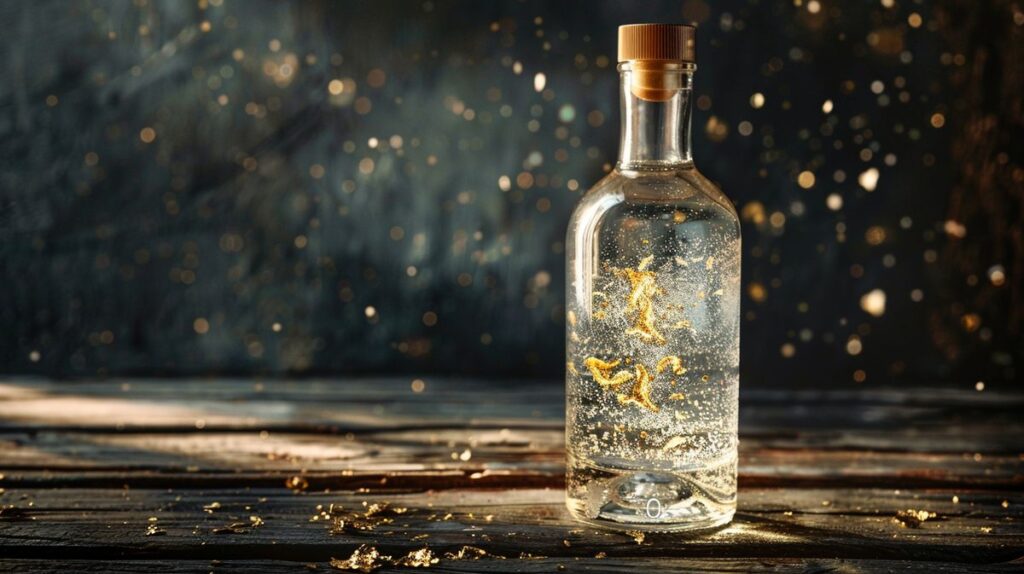 Flasche Vodka mit Goldflocken und eleganter Verpackung auf einem Tisch