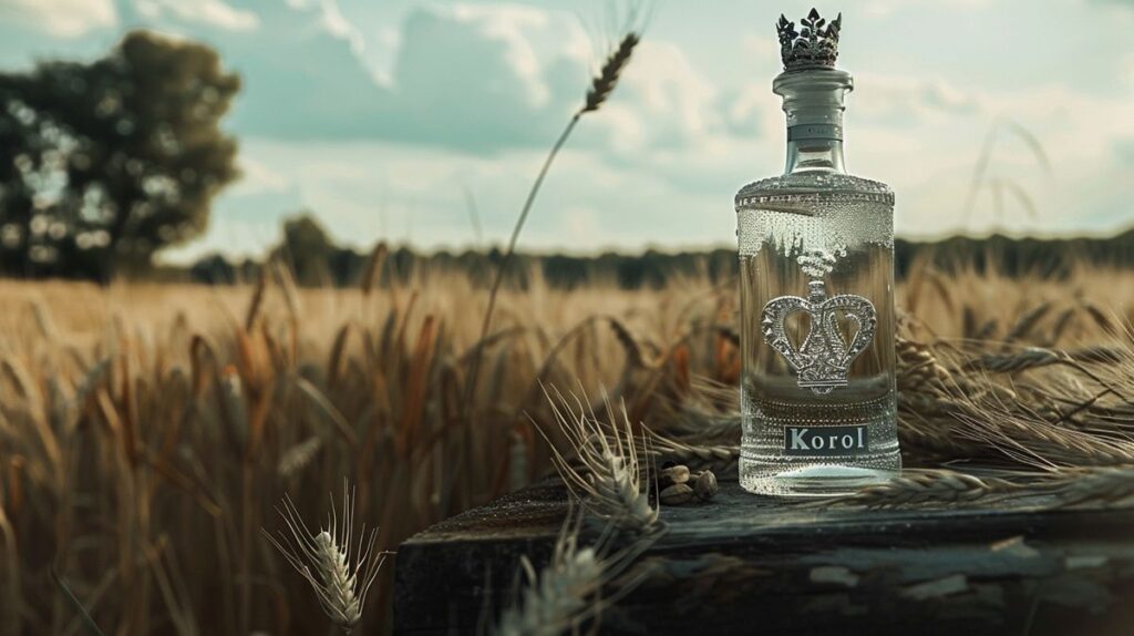 Flasche Korol Vodka Herkunft mit elegantem Design auf einem Holztisch