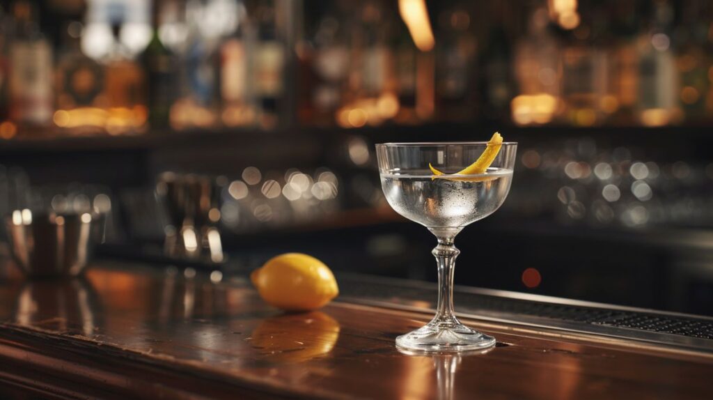 Vesper Martini Cocktail in eleganter Glaspräsentation auf einem Tisch