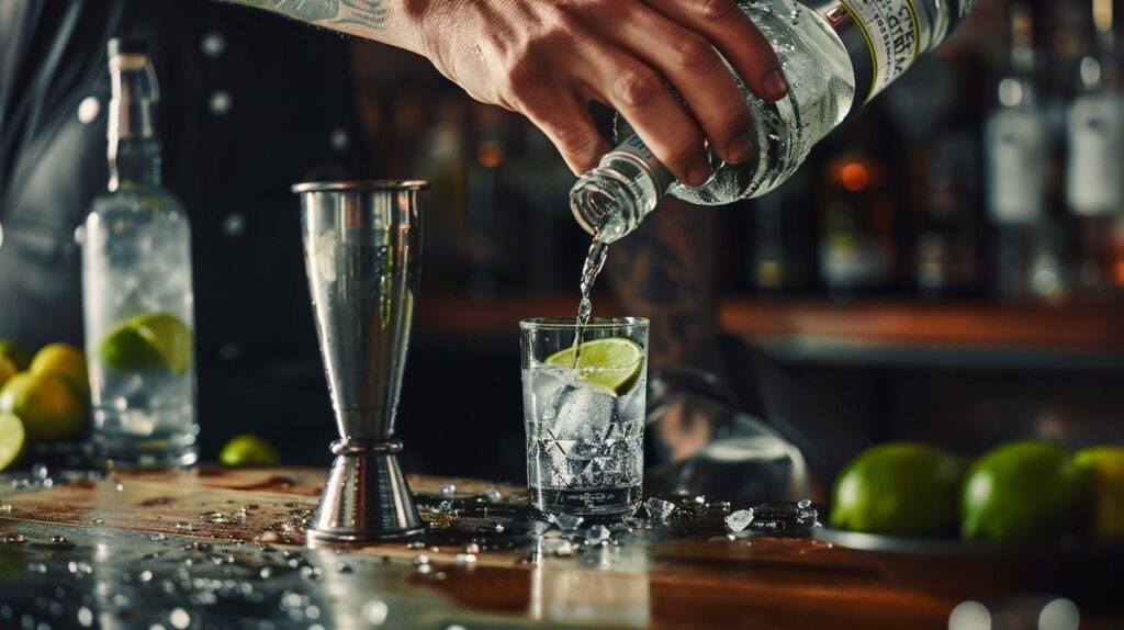 Frau bereitet Cocktail zu, indem sie Vodka mischen mit frischen Zutaten in einer modernen Bar