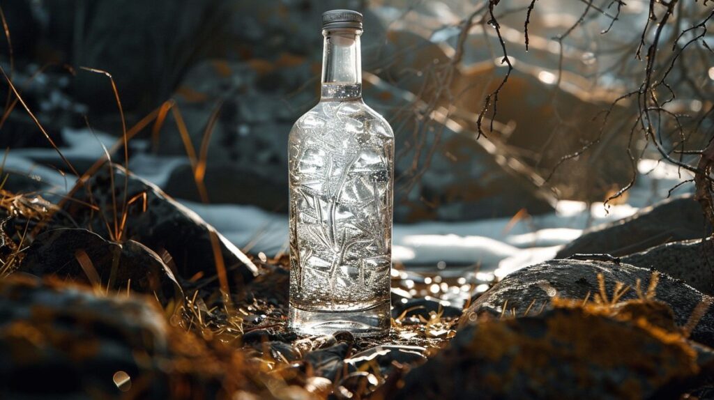 Flasche Arapow Vodka mit Text zur Herkunft auf Etikett