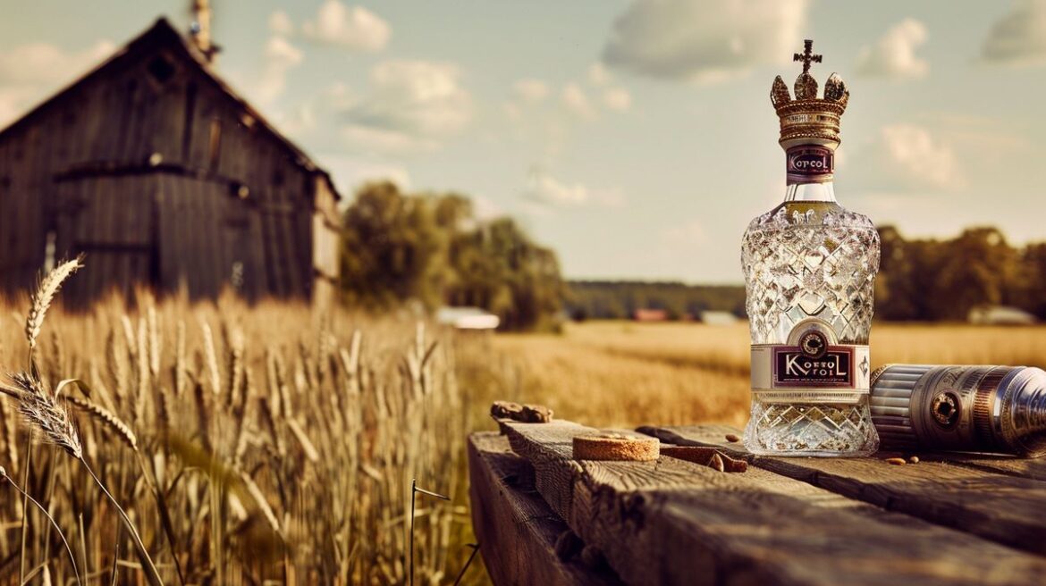 Flasche Korol Vodka Herkunft auf einem Holztisch mit stimmungsvoller Beleuchtung
