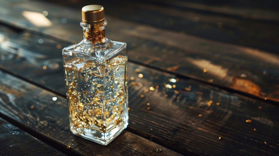 Flasche Vodka mit Goldflocken und eleganter Verpackung auf einem dunklen Hintergrund
