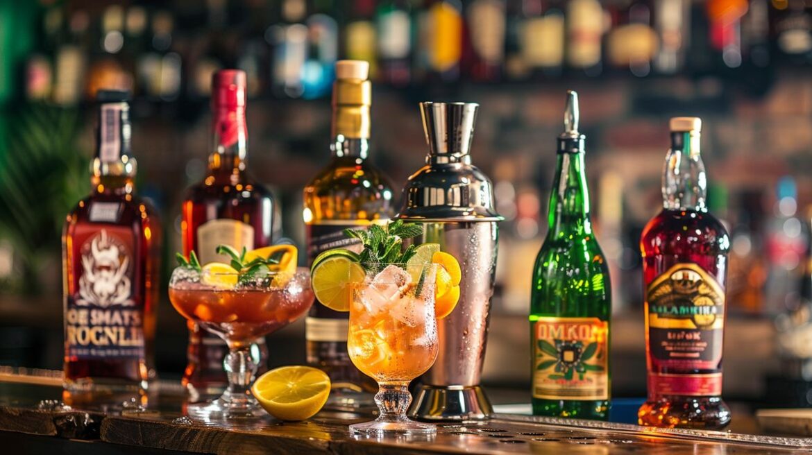 Welcher Rum zum Mixen ideal ist, zeigt dieses Bild mit verschiedenen Rumflaschen und Cocktailzutaten