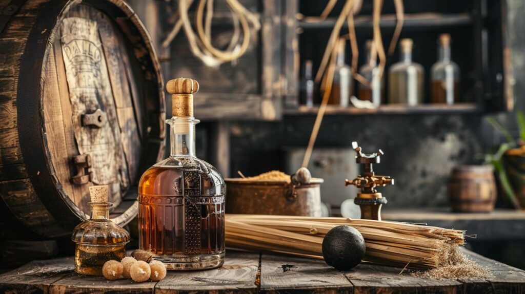 Anleitung und Zutaten zum Rum selber machen auf einem Tisch arrangiert