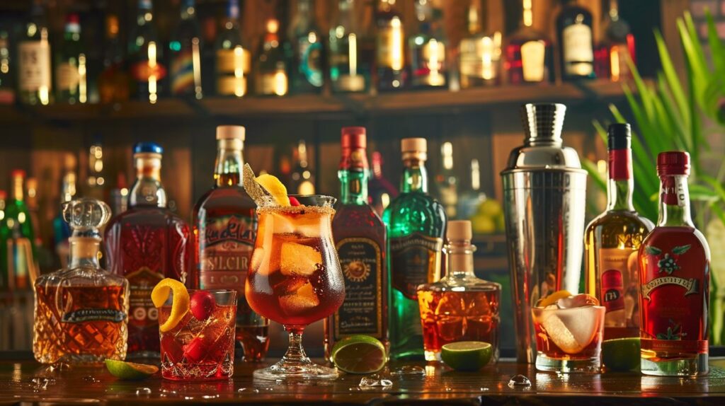 Flasche und Glas mit welchem Rum zum Mixen auf Holztisch