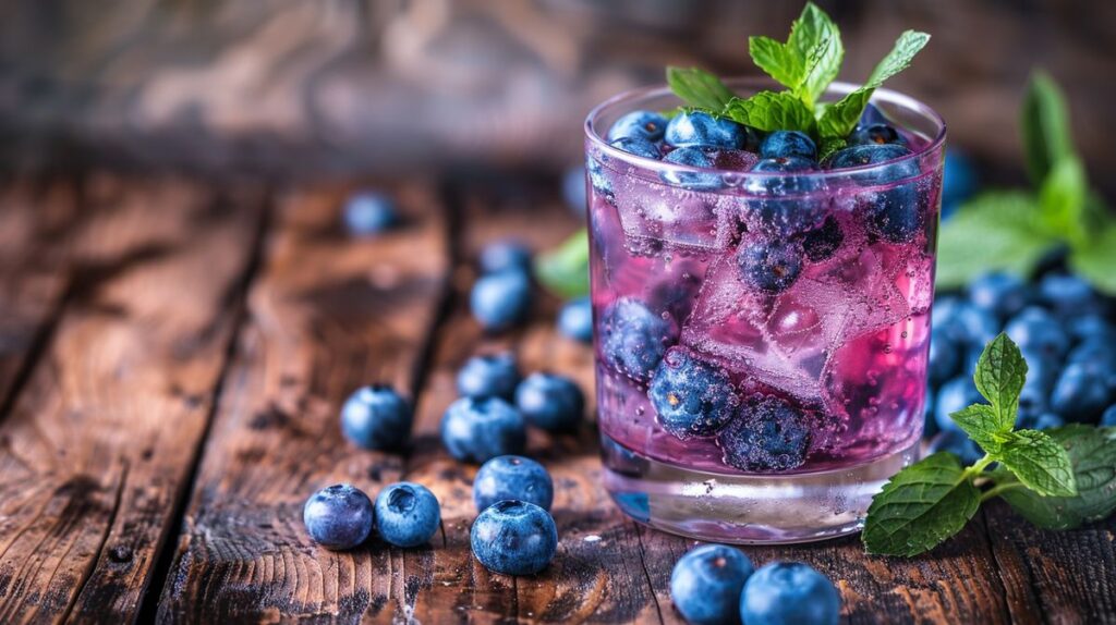 Flasche Blueberry Gin umgeben von frischen Blaubeeren und Minzblättern auf rustikalem Holztisch