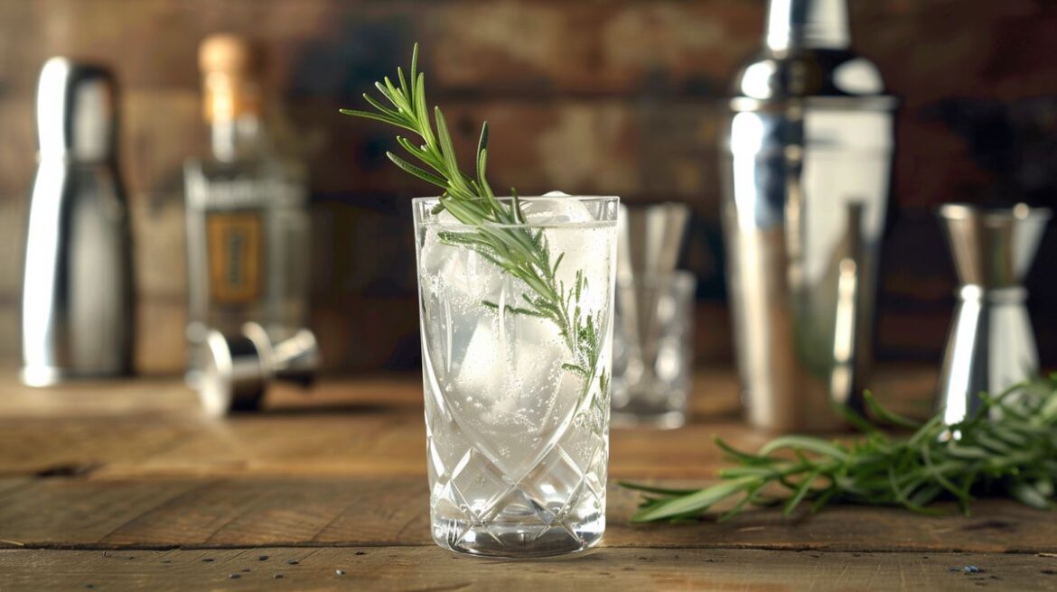 Gin Tonic Rezept Rosmarin in einem eleganten Glas, garniert mit einer Zitronenscheibe und Rosmarinzweig, auf rustikalem Holztisch