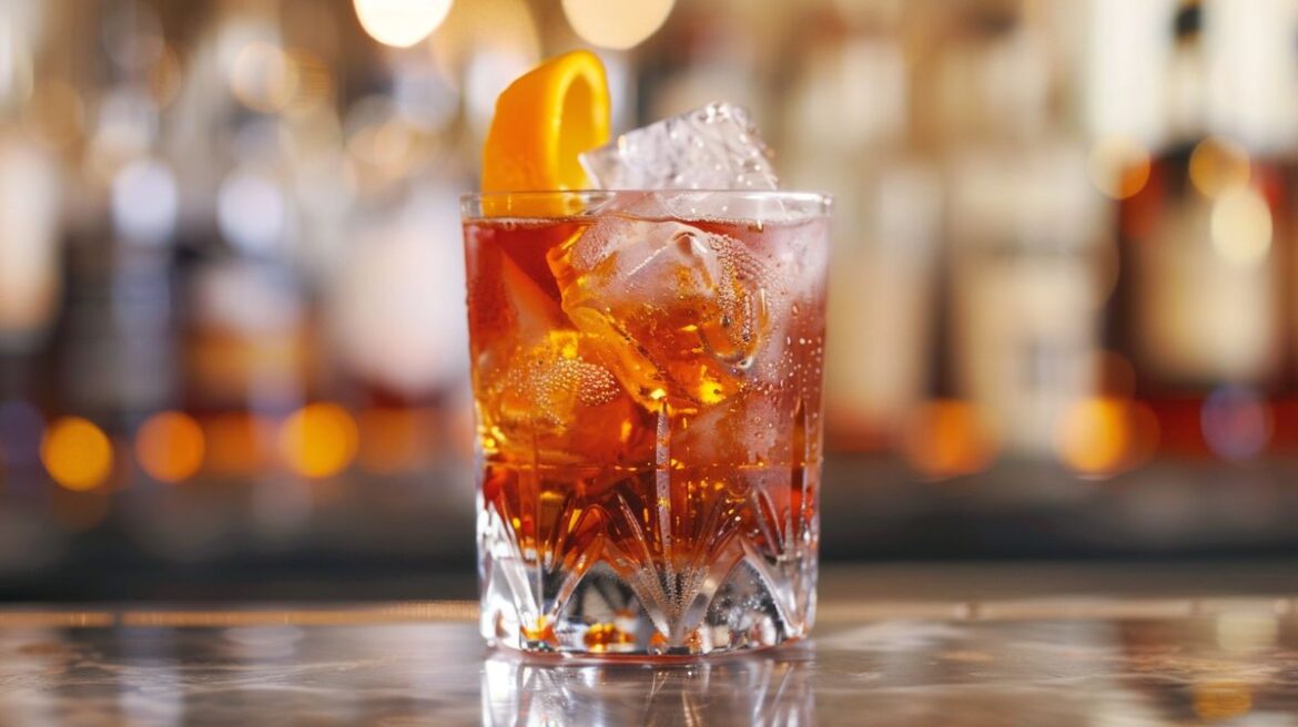 Negroni alkoholfrei Cocktail in elegantem Glas, garniert mit einer Orangenscheibe