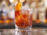 Negroni alkoholfrei Cocktail in elegantem Glas, garniert mit einer Orangenscheibe