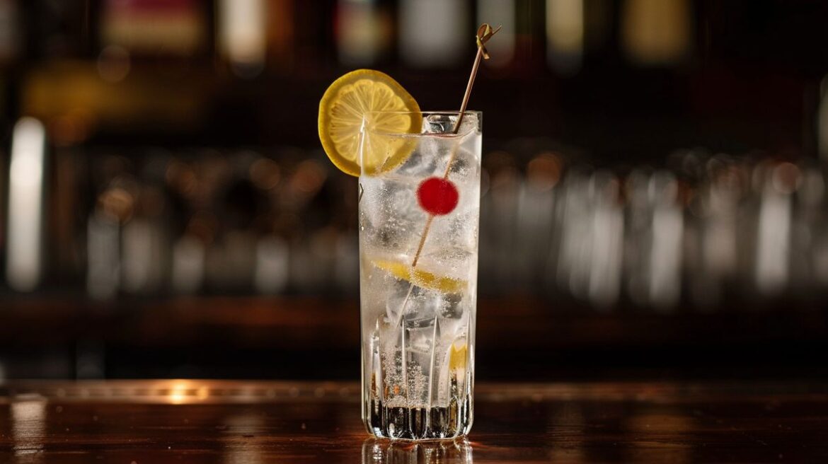 Tom Collins Cocktail in einem hohen Glas mit Zitronenscheibe und Strohhalm, serviert auf einem Holztisch